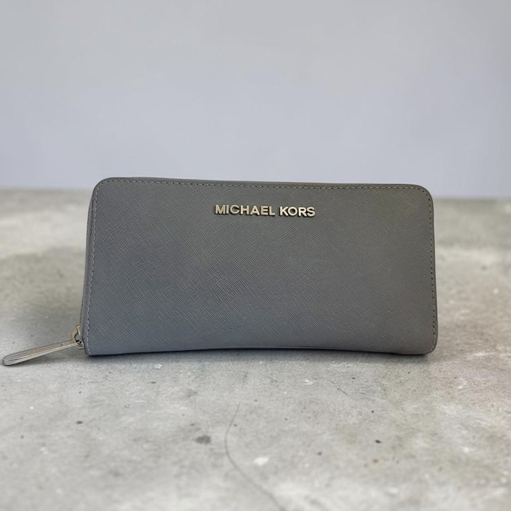 Michael Kors Grey Saffiano Leather Jet Set Continental Zip Around Wallet Large - Picture 7 of 8